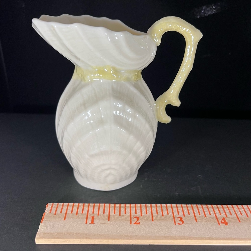Vintage 7th 1980-92 Mark Belleek Double Shell Creamer Pitcher Yellow Handle